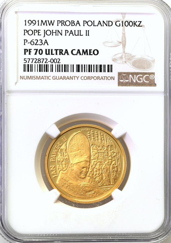 II RP. PRÓBA złoto 100.000 złotych 1991 Papież Jan Paweł II Ołtarz NGC PF70 ULTRA CAMEO (MAX)
